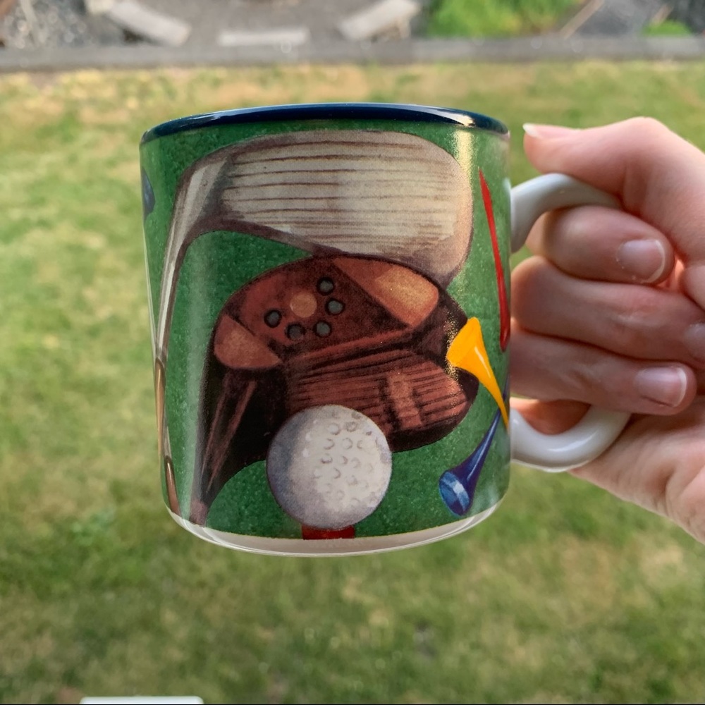 Vintage “Golf’s my game” Potpourri Press Golfing mug 1992 Ceramic // green/blue